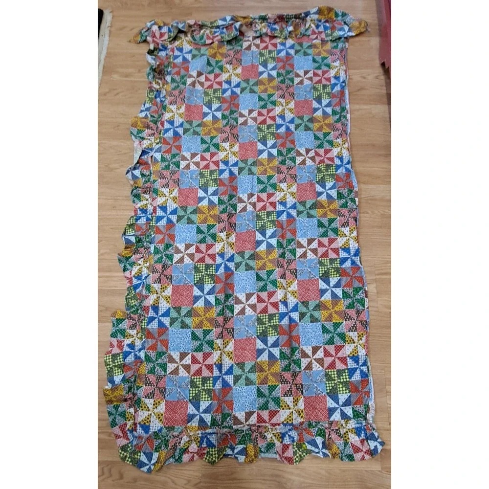 Pair Of 2 Drapery Panals Hamdmade  Granny Square With Ruffles 1970's‎